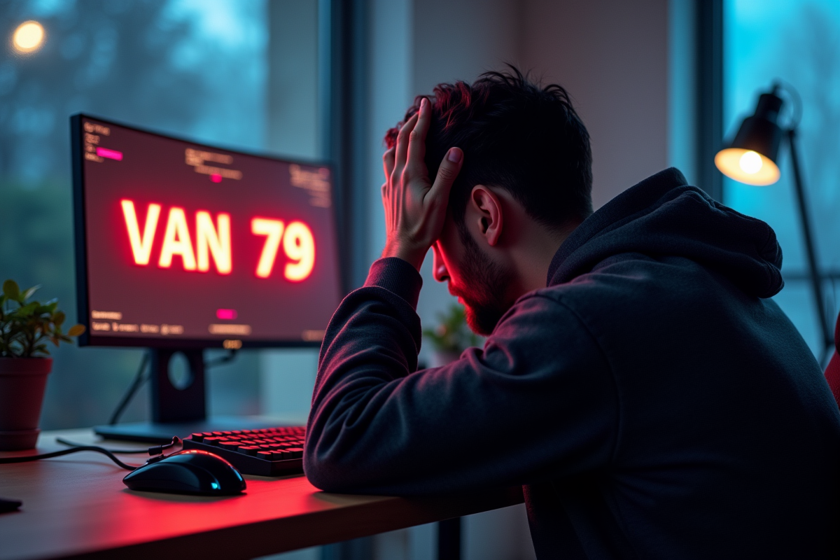 Gamer frustré devant un écran Valorant avec erreur Van 79