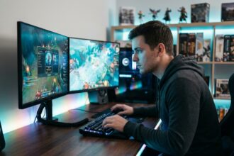 Joueur passionné devant un setup gaming PC avec processeur orienté performance et double écran