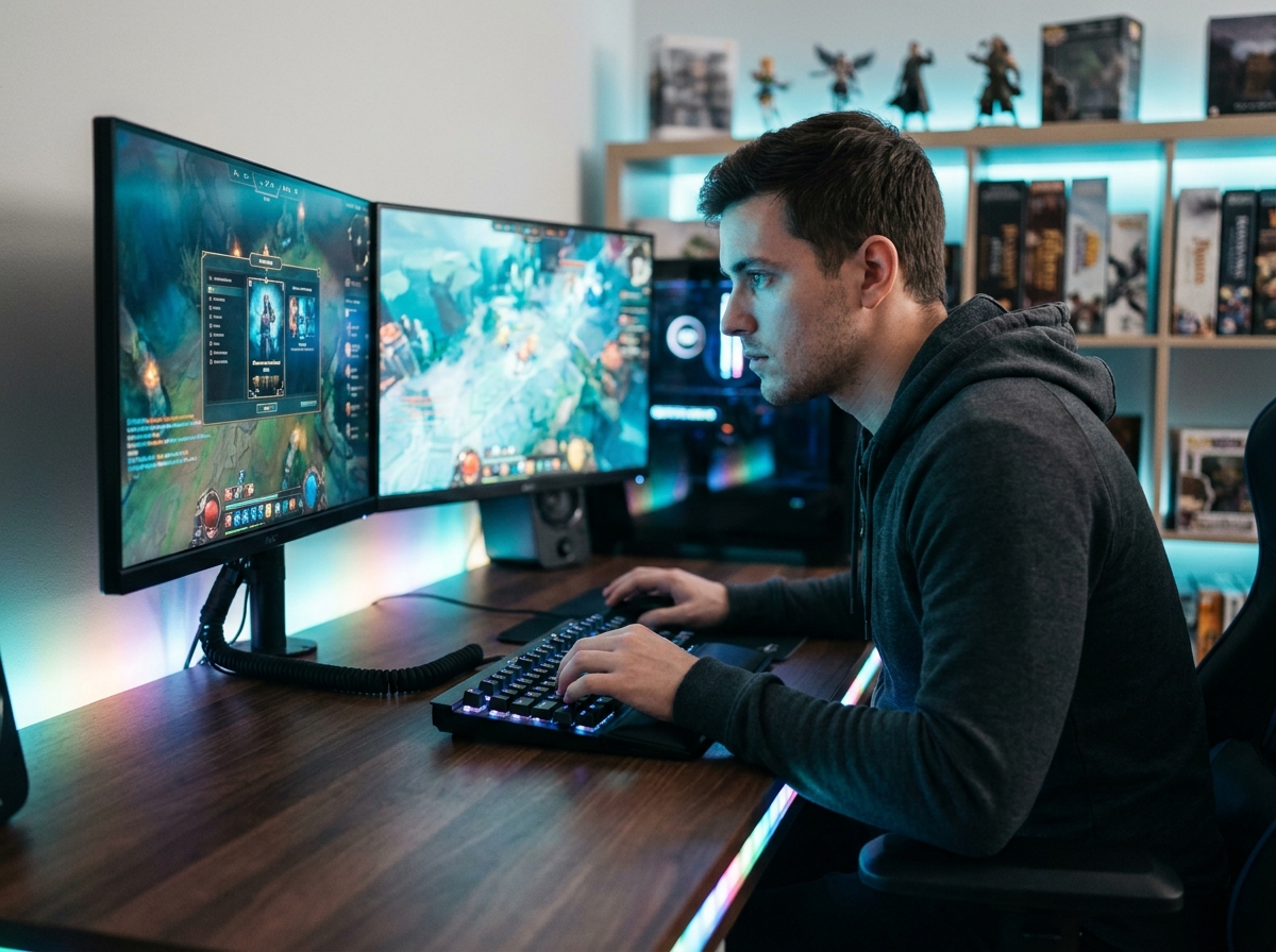 Joueur passionné devant un setup gaming PC avec processeur orienté performance et double écran
