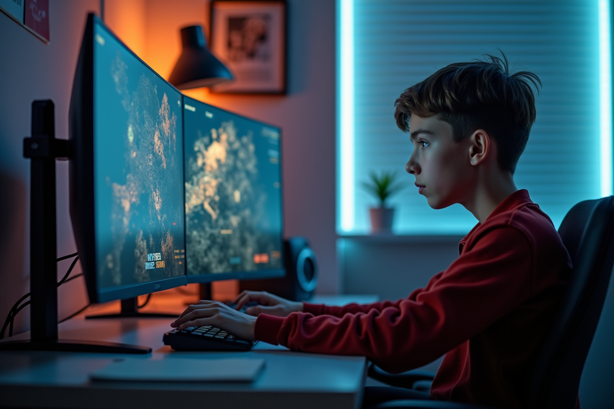 Jeune adulte jouant à un jeu de stratégie sur PC à un bureau moderne