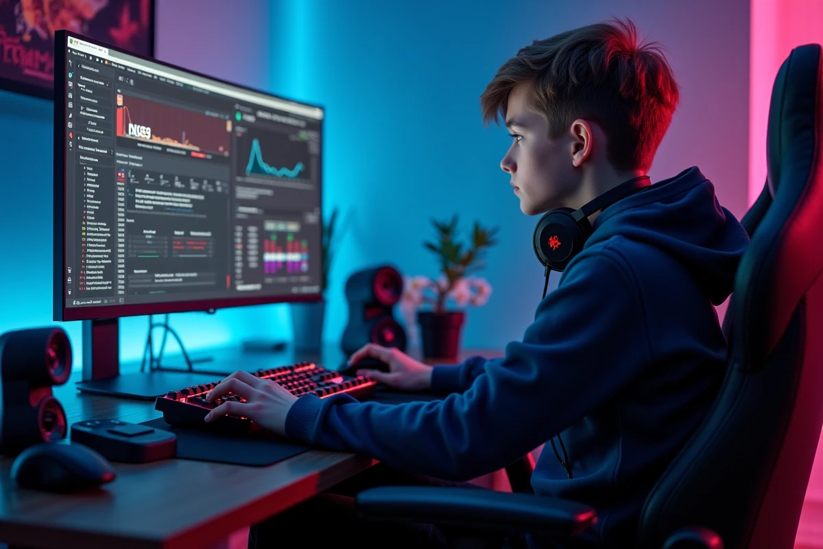 Adolescent en plein entraînement de vitesse de clic Kohi sur navigateur dans une configuration gaming à domicile