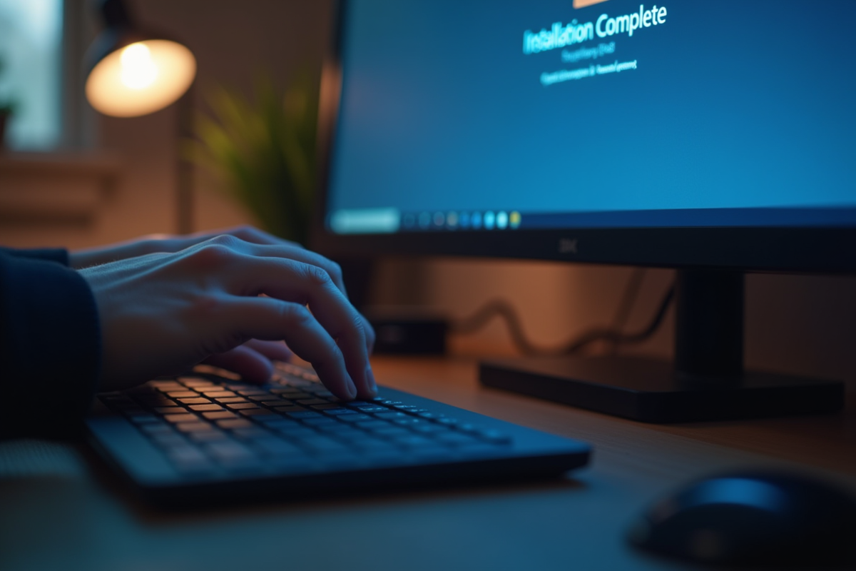 Mains sur un clavier avec écran affichant installation terminée