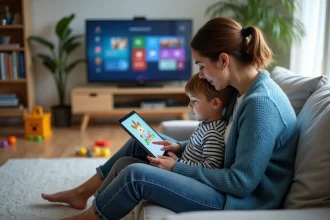 Maman et son enfant utilisent une tablette dans le salon