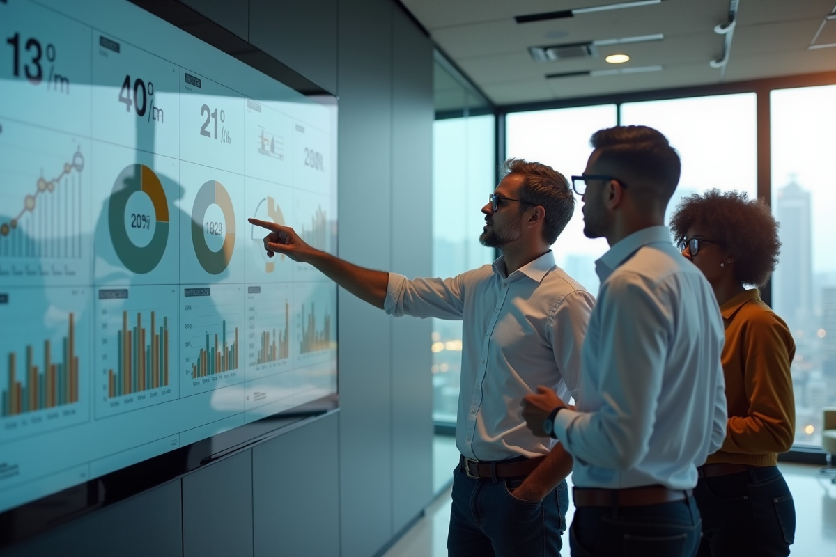 Manager présentant un tableau de bord KPI à son équipe en réunion