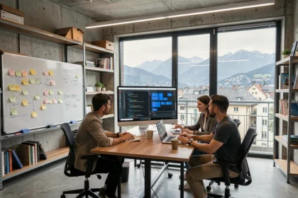 Équipe d'une agence de développement web en Isère collaborant autour d'écrans affichant des maquettes de sites internet