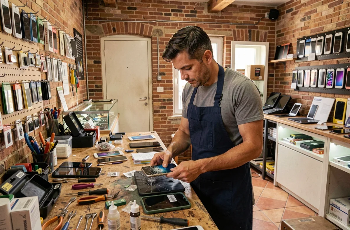 Technicien en train de réparer un smartphone dans un atelier de réparation à Marseille