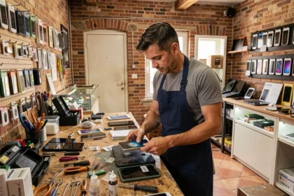 Technicien en train de réparer un smartphone dans un atelier de réparation à Marseille