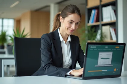 Enseignante consultant sa messagerie professionnelle Convergence ac Grenoble sur un ordinateur portable dans un bureau académique moderne