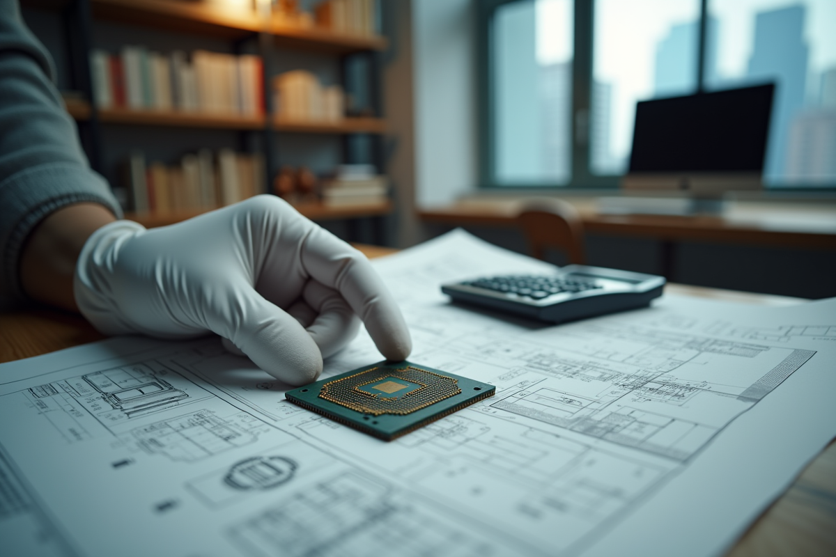 Main gantée tenant un microprocesseur ancien avec plans et calculatrice