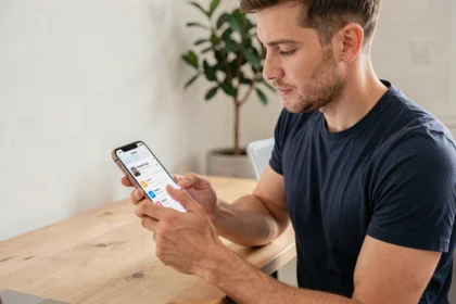 Homme paramétrant les mises à jour automatiques de Google sur son smartphone dans un bureau à domicile moderne