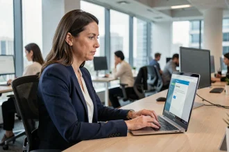 Femme mettant à jour son mot de passe sur le portail Connect Ville de Marseille depuis son bureau