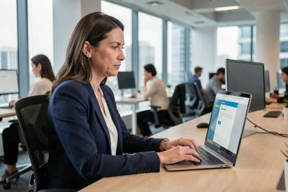 Femme mettant à jour son mot de passe sur le portail Connect Ville de Marseille depuis son bureau