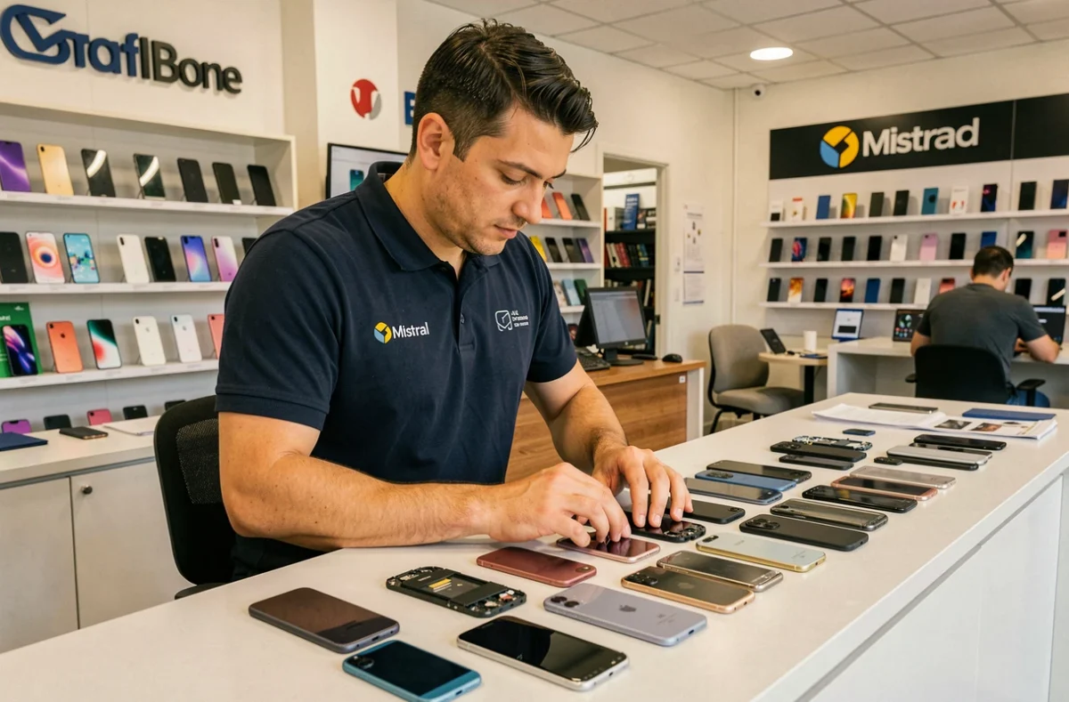 Technicien Mistral Phone réparant plusieurs téléphones de différentes marques dans sa boutique à Marseille