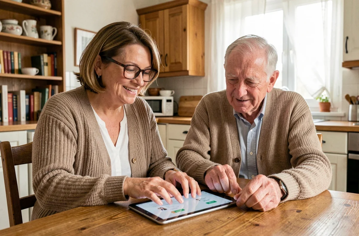 Conseillère Mon Assistant Numérique accompagnant un senior dans l'utilisation d'une tablette à son domicile dans le bassin angevin