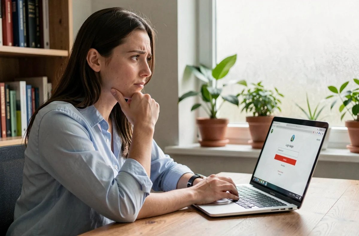 Jeune femme devant son ordinateur portable face à un formulaire de connexion avec un mot de passe oublié