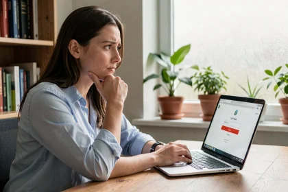 Jeune femme devant son ordinateur portable face à un formulaire de connexion avec un mot de passe oublié
