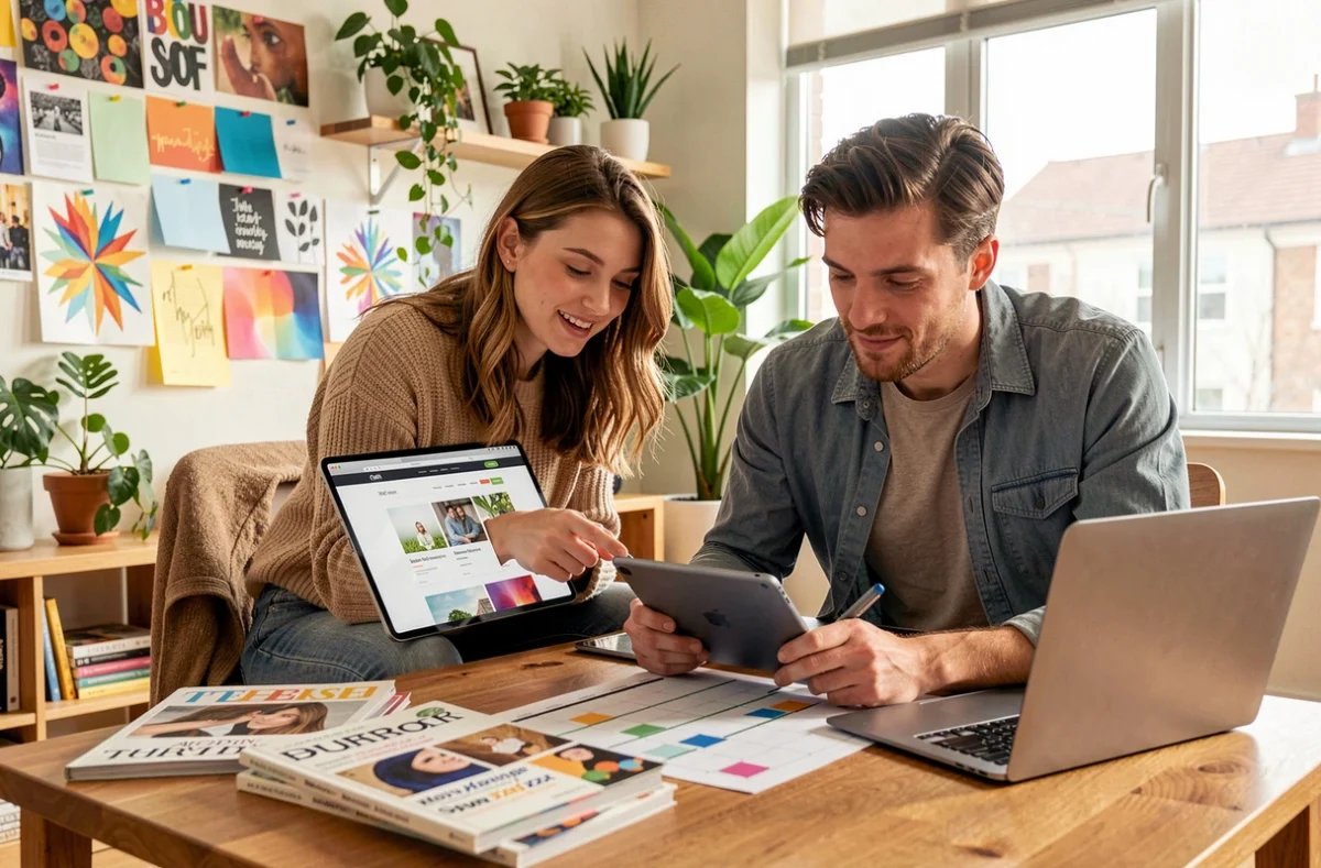 Équipe de My Creative Agency révisant un projet de création web et contenu visuel dans un studio décoratif et lumineux