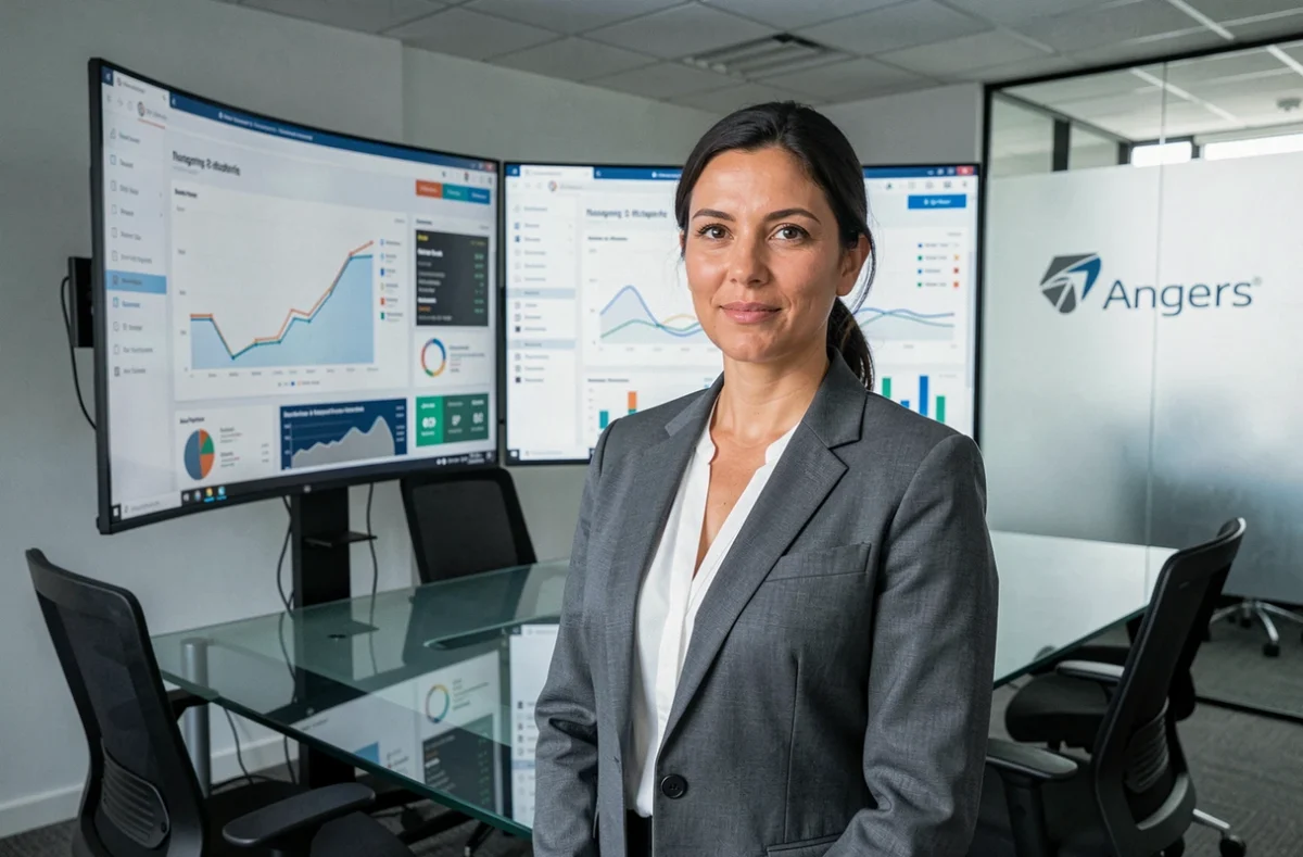 Analyste de données Next Decision Angers devant des tableaux de bord décisionnels dans un bureau professionnel