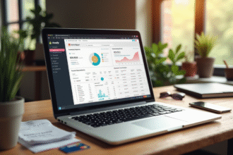 Ordinateur portable avec tableau de bord Shopify sur un bureau lumineux