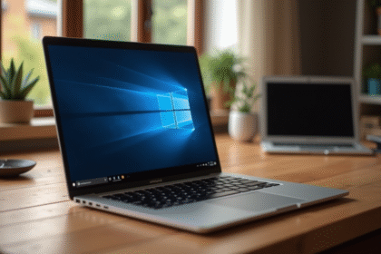 Ordinateur portable moderne sur un bureau en bois avec mise à jour Windows