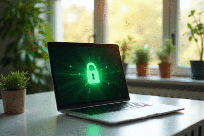 Ordinateur portable sécurisé avec cadenas vert lumineux dans un bureau lumineux