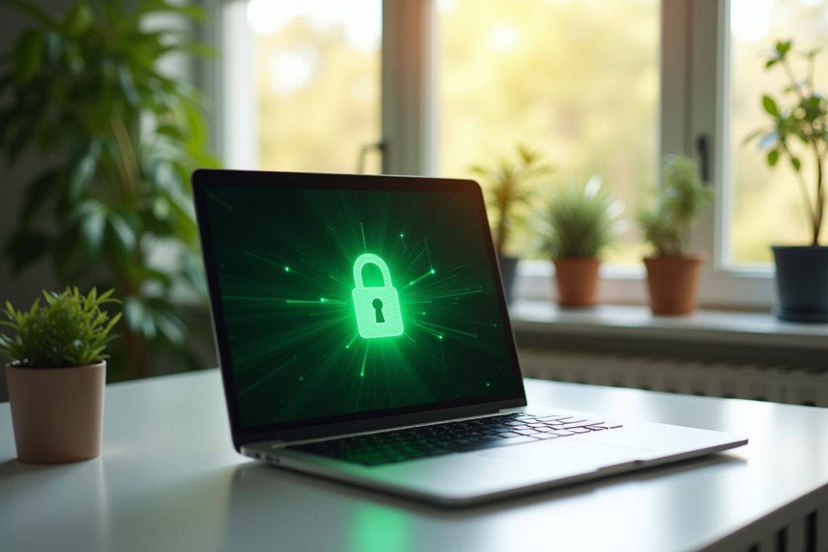 Ordinateur portable sécurisé avec cadenas vert lumineux dans un bureau lumineux