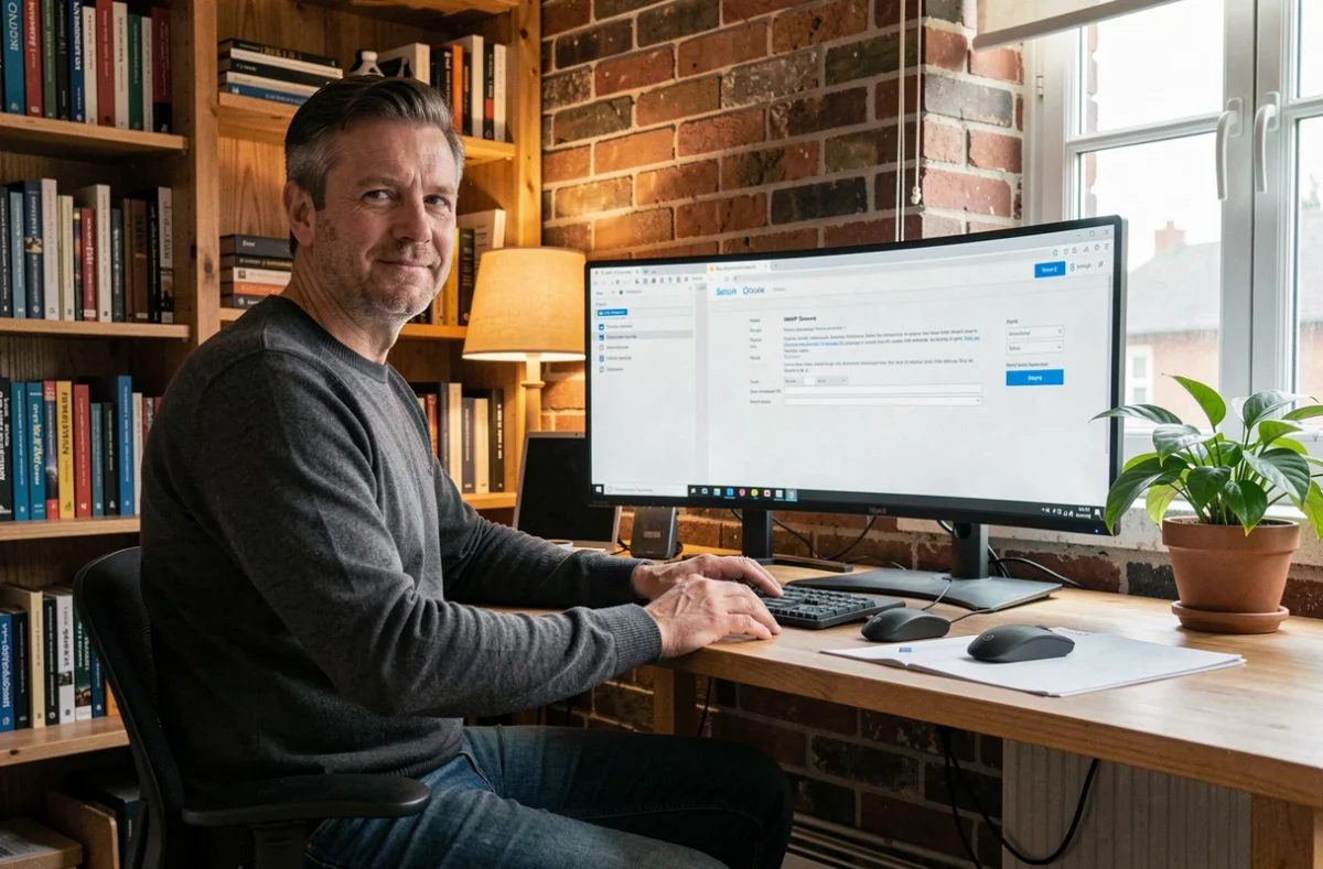 Homme en télétravail configurant un client de messagerie avec les paramètres serveur IMAP et POP3 sur un double écran