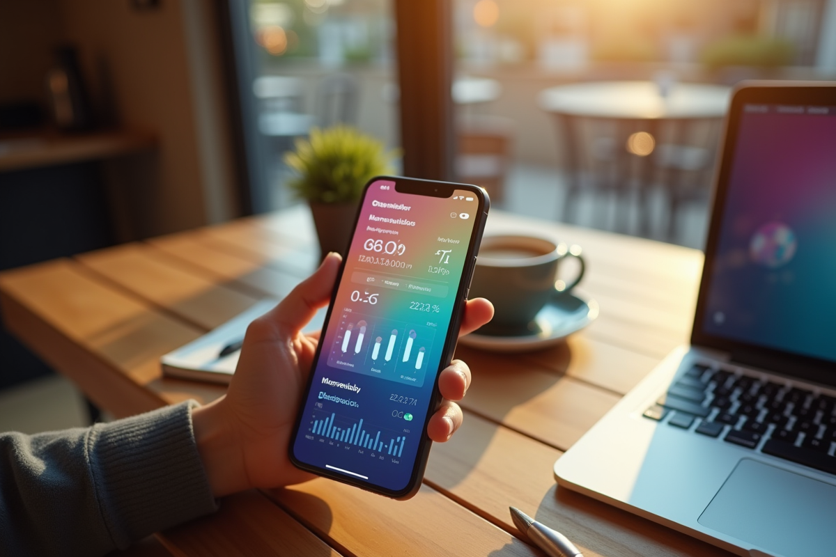 Main tenant un smartphone avec tableau de bord social media au café