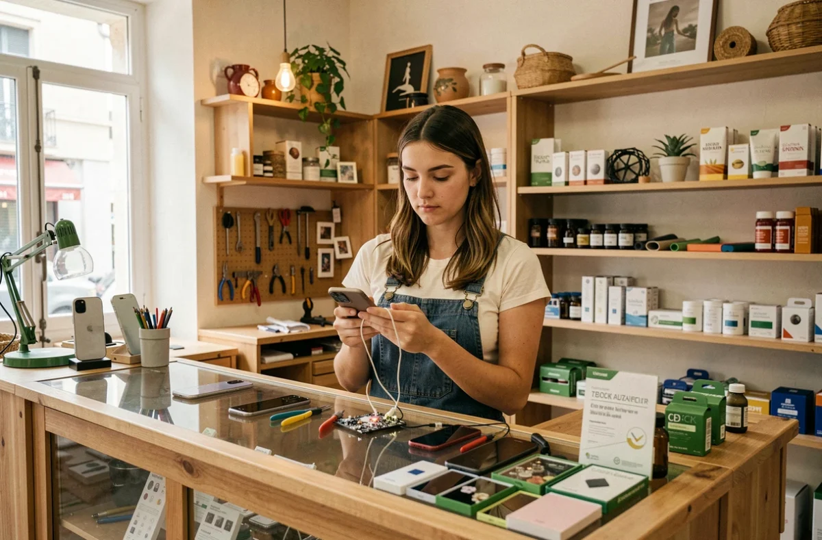 Vendeuse réparant un smartphone dans la boutique Phone & CBD proposant des accessoires à Marseille