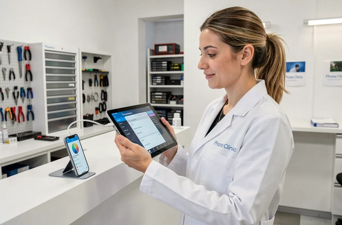 Technicienne Phone Clinic effectuant un diagnostic gratuit sur un smartphone dans l'atelier à Marseille