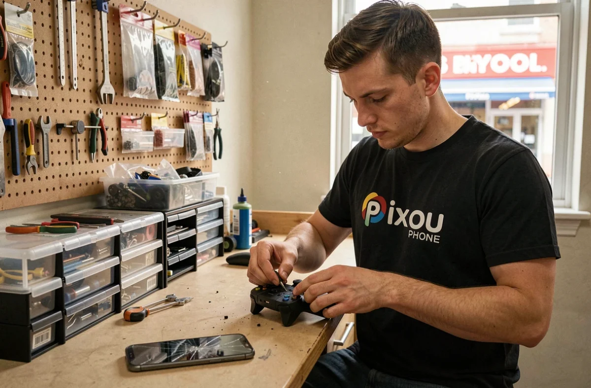 Technicien Pixou Phone réparant un smartphone et une console dans un atelier marseillais