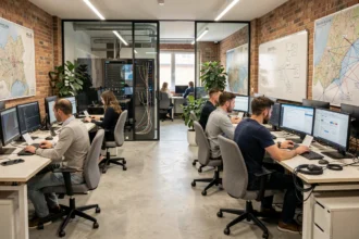 Vue d'ensemble d'un bureau informatique moderne en Maine-et-Loire avec des professionnels travaillant sur des postes multi-écrans