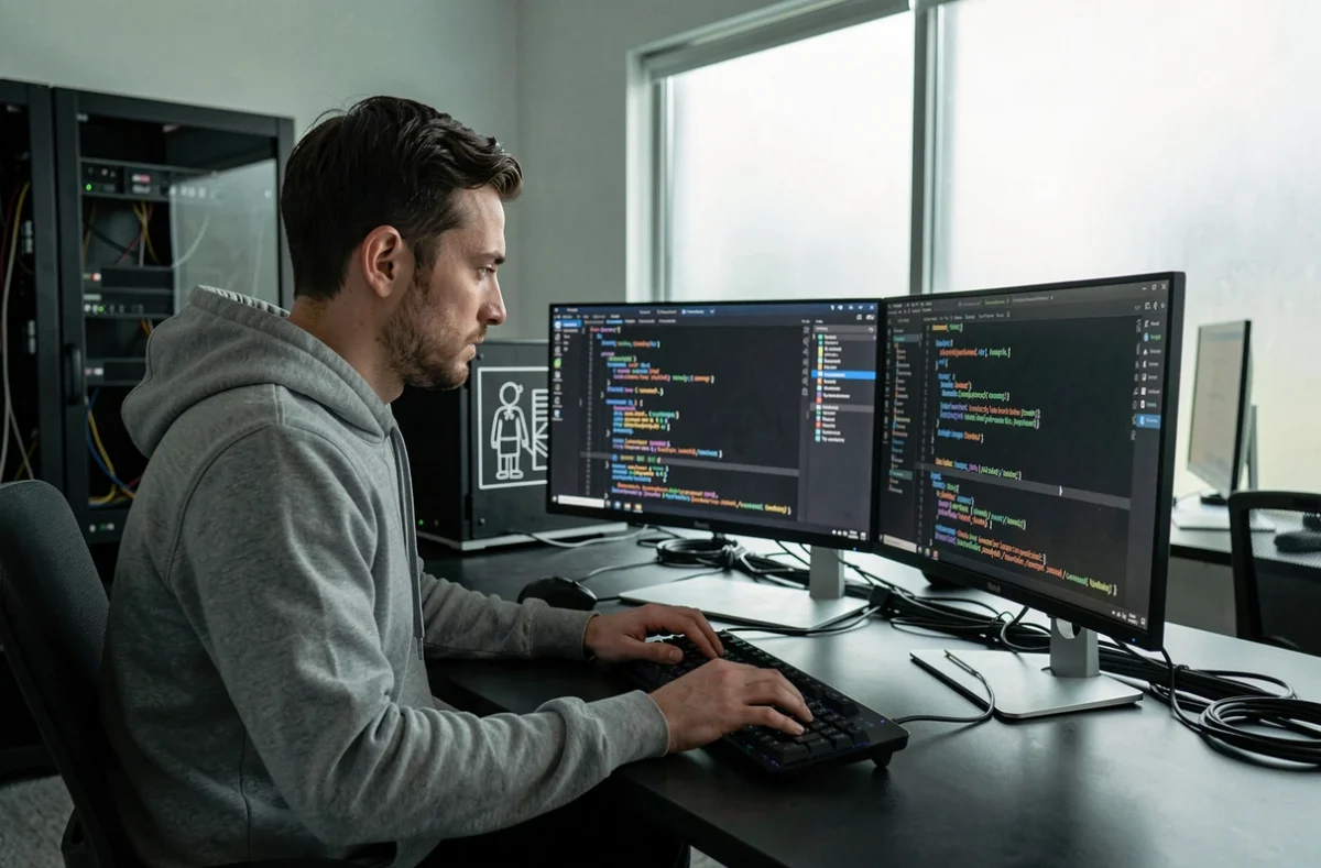 Développeur web de l'agence Prisme écrivant du code sur mesure dans un studio de développement minimaliste