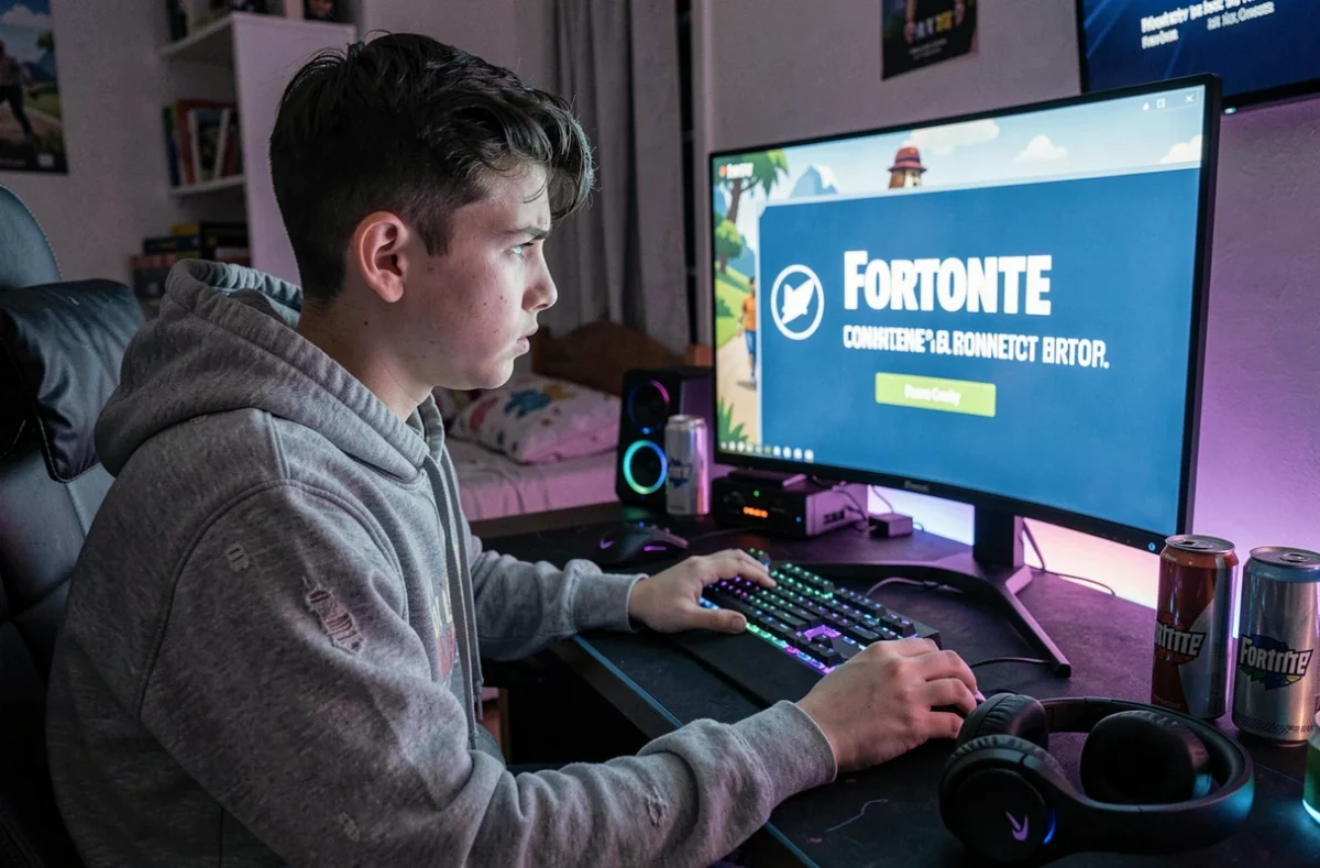 Adolescent frustré face à un écran d'erreur de connexion Fortnite sur son PC gaming
