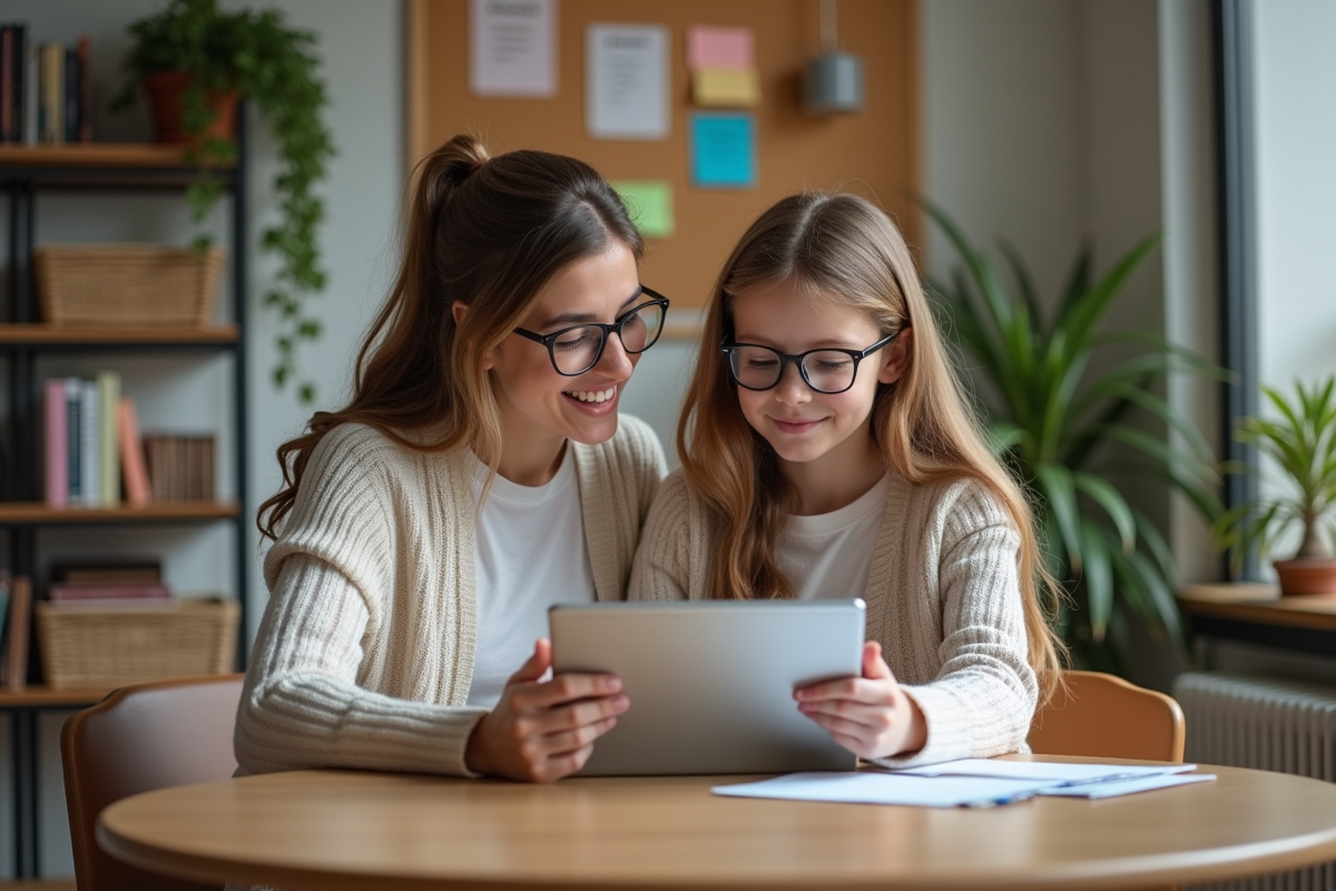Professeure aidant une élève dans un cadre familial chaleureux