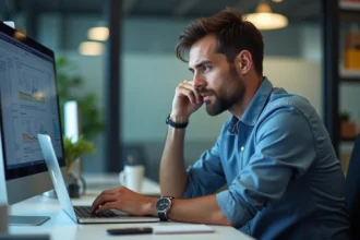 Homme IT en bureau moderne examine un ordinateur portable