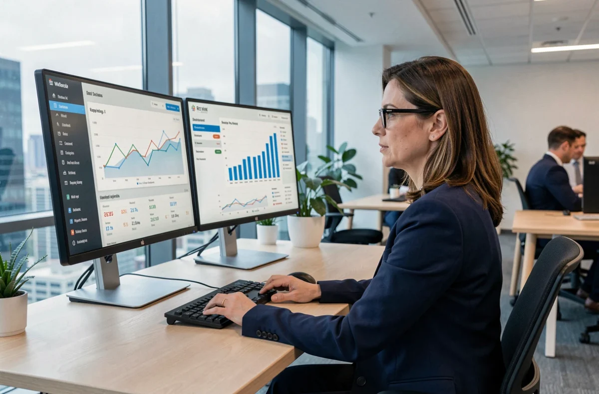 Professionnelle en marketing digital analysant des tableaux de bord de veille SEO sur double écran dans un bureau moderne en 2026