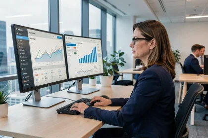 Professionnelle en marketing digital analysant des tableaux de bord de veille SEO sur double écran dans un bureau moderne en 2026