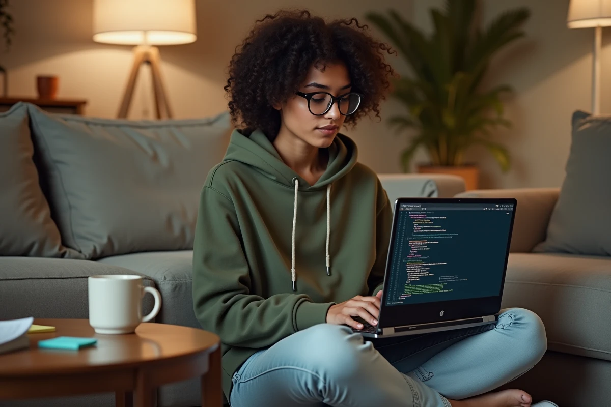 Développeuse publiant un module Python sur PyPI depuis son salon, terminal affichant la commande pip install et la documentation du package