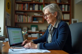 Bénévole d'association utilisant Excel et Word pour réaliser un publipostage sur son ordinateur portable dans un bureau associatif