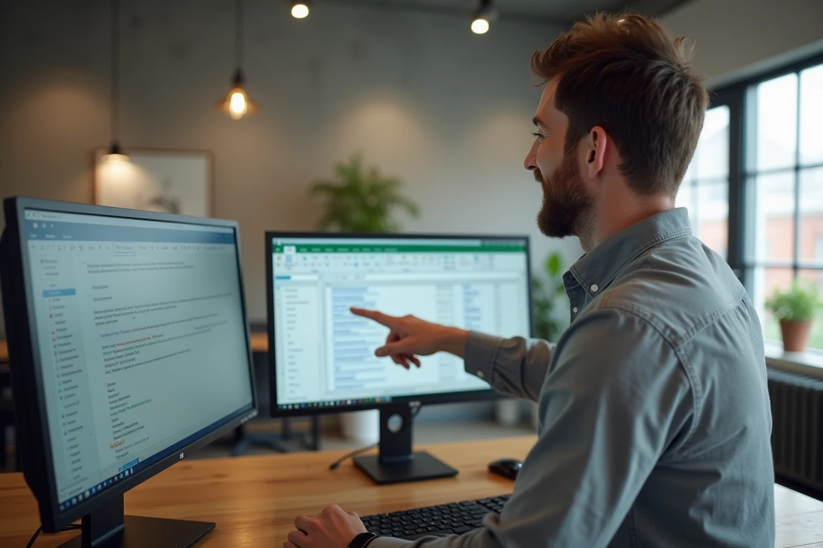 Responsable associatif expliquant le processus de publipostage Word Excel devant deux écrans d'ordinateur dans un espace de coworking