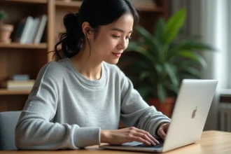 Femme utilisant un raccourci clavier sur son ordinateur portable pour taper un È majuscule avec accent aigu