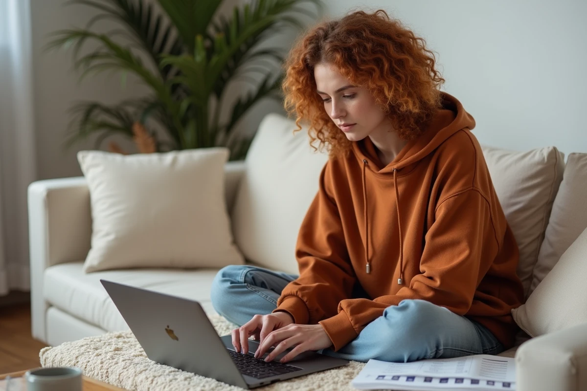 Jeune femme sur un canapé consultant un aide-mémoire pour apprendre le raccourci È majuscule accent aigu sur portable