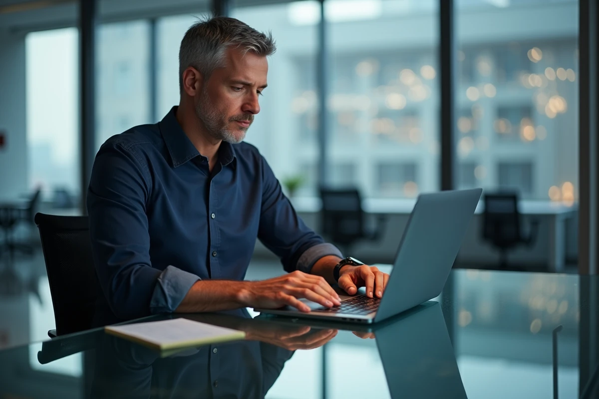 Homme en bureau tapant un raccourci clavier pour insérer la lettre È majuscule accentuée sur un ordinateur portable