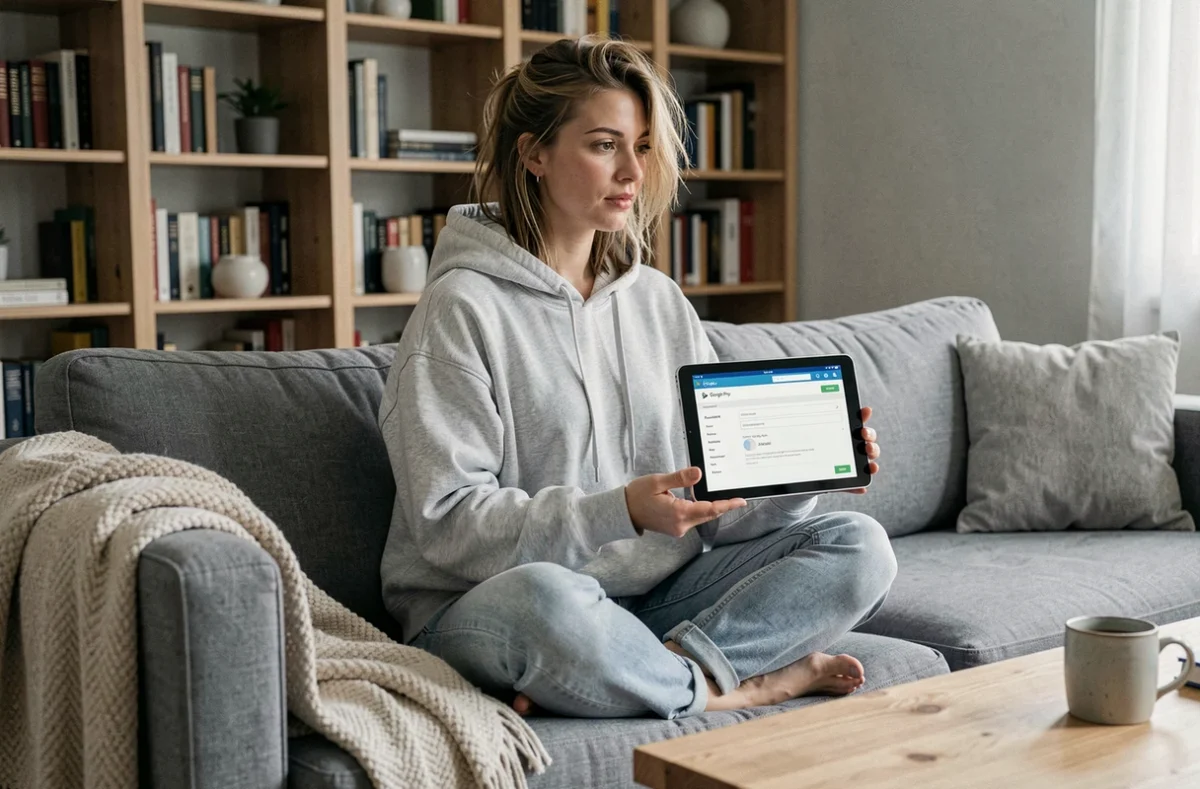 Femme consultant les paramètres de mise à jour automatique de Google Play Store sur une tablette dans son salon