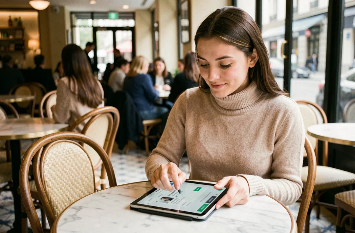 Jeune femme utilisant une tablette dans un café pour réinitialiser son mot de passe sur Connect Ville de Marseille