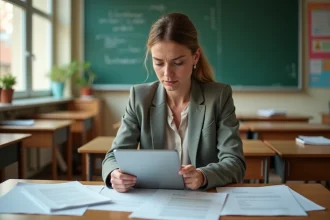 Remplaçante consultant sa messagerie académique sur tablette dans une salle de classe vide le premier jour de remplacement