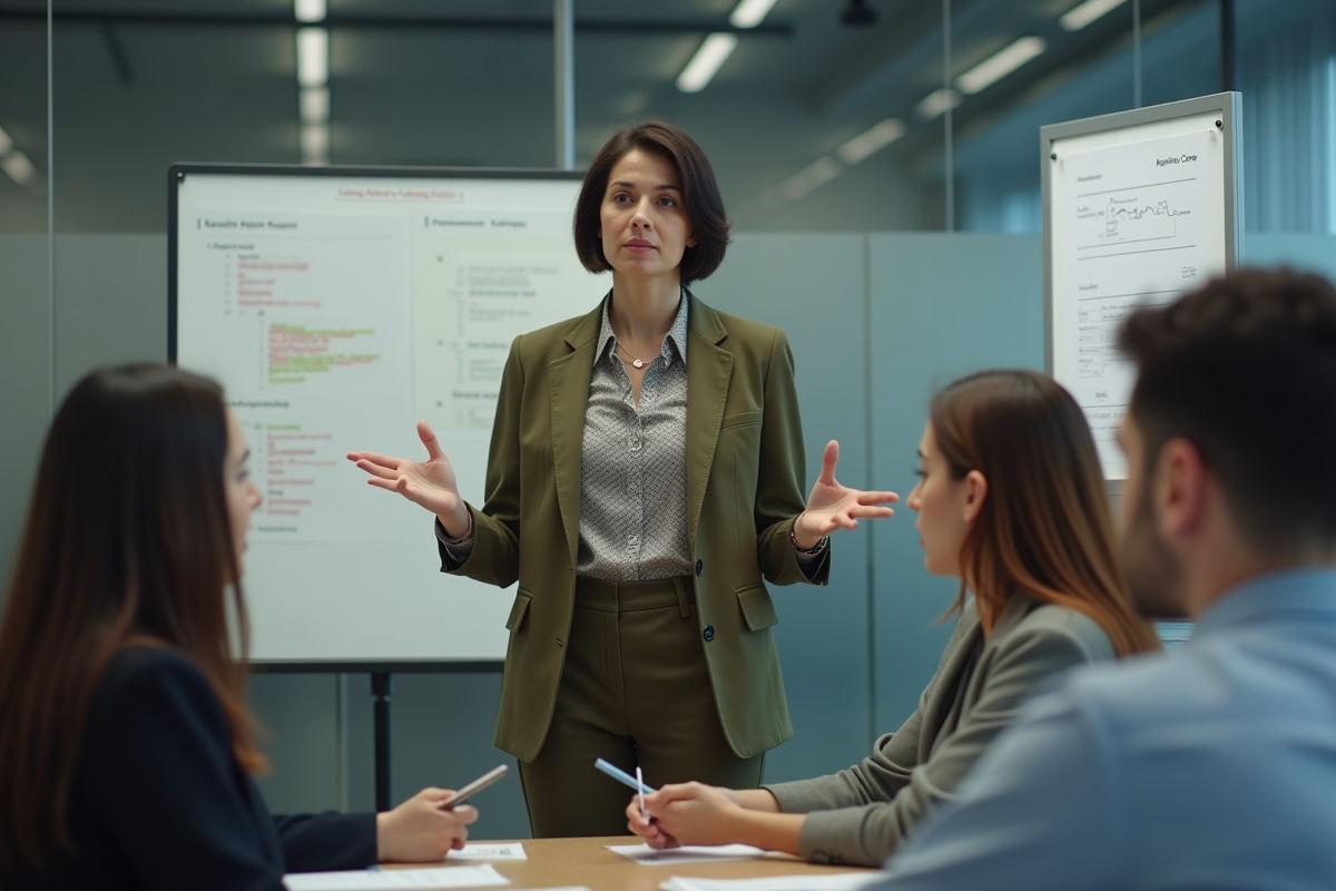 Femme en réunion de revue de code dans un espace de travail collaboratif
