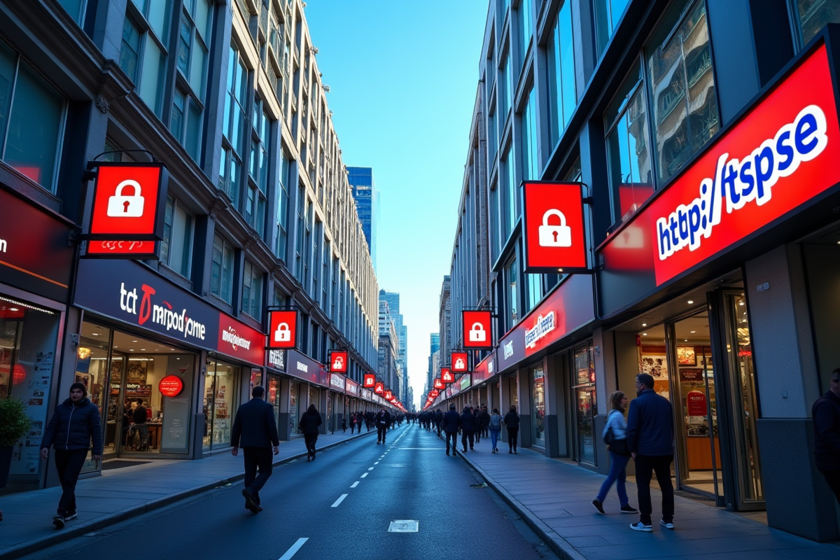 Rue animée avec enseignes affichant cadenas HTTPS dans un environnement urbain