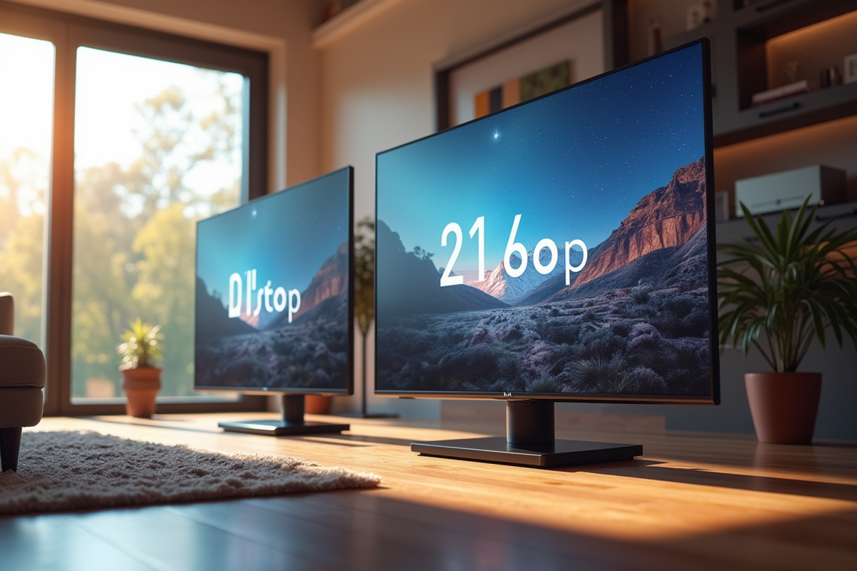 Salon moderne avec deux téléviseurs 4K lumineux